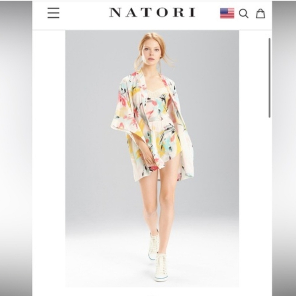 Josie Natori Brush Print Happi Coat Robe. - Picture 7 of 16